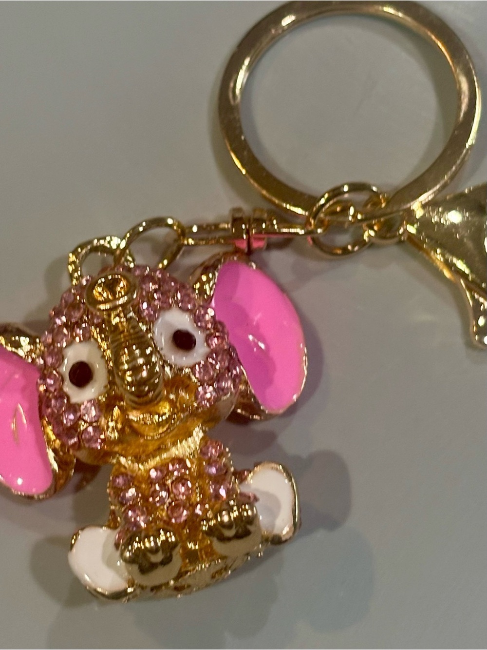 Pink Crystal Elephant keychain with Gold Tone Accents